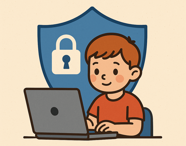 cartoon image of child at school working on a laptop with monitoring software