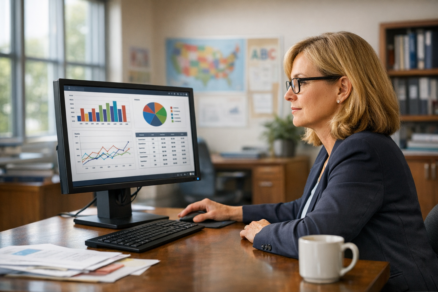 School Admin Working at Data Dashboard