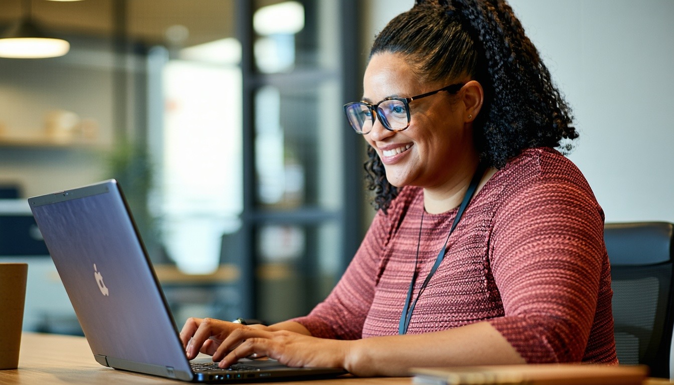 staff member accessing laptop for a webinar